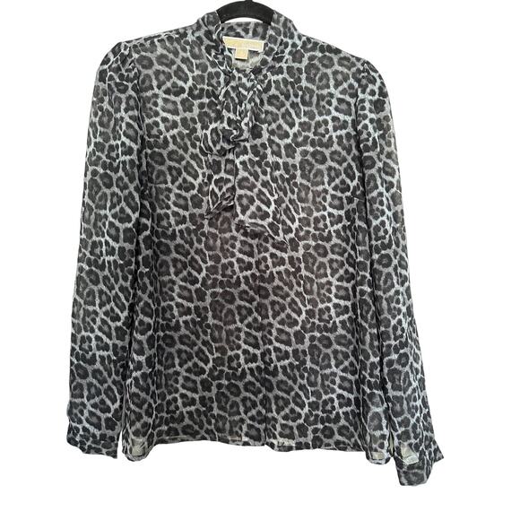 MICHAEL Michael Kors Womens Top Blouse Animal Print Bow Semi-Sheer Gray Black S - Picture 1 of 8